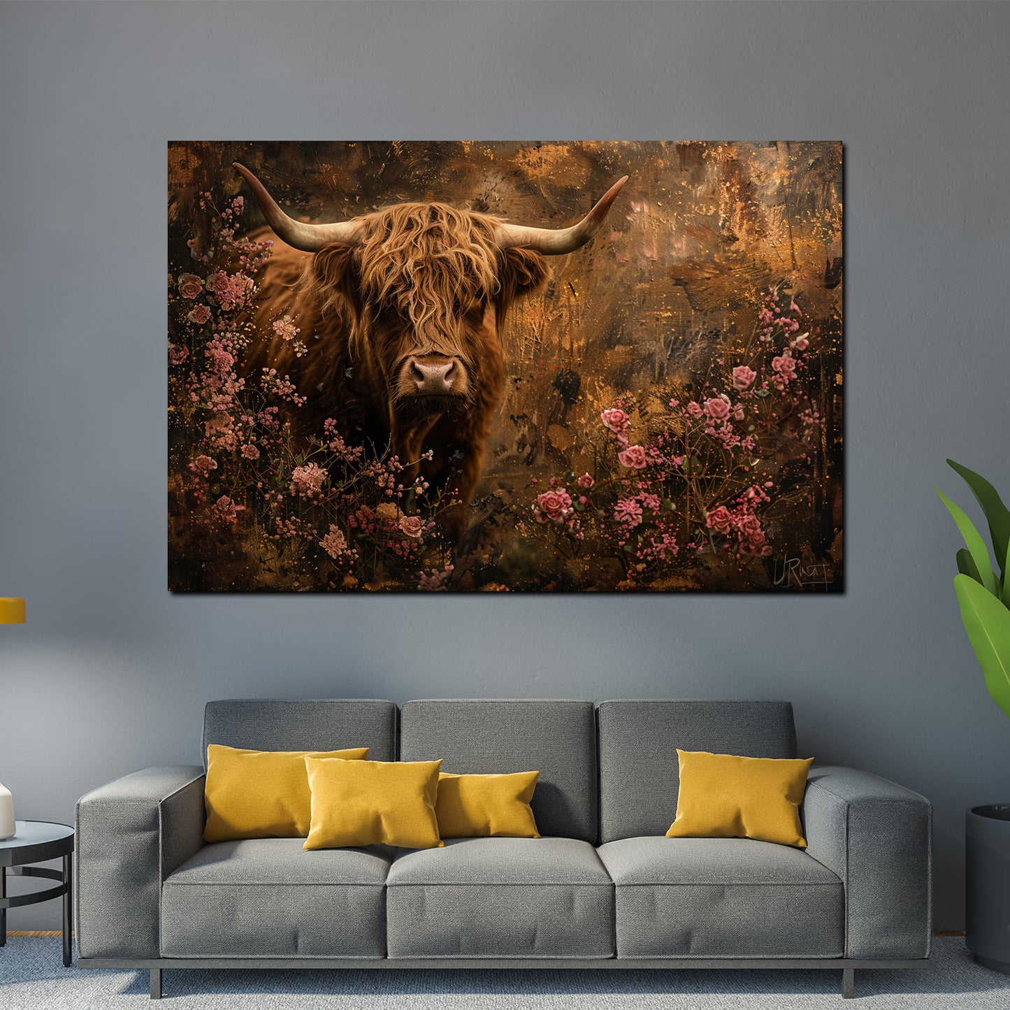 Stolze Kuh inmitten von Blumen Natur Romantik Wandbild Leinwandbild XL Wanddeko