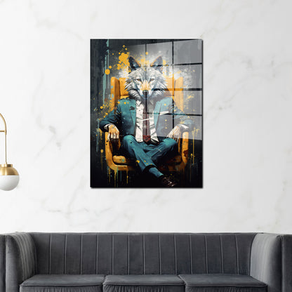 Wolf im Anzug Leder-Sessel Black Acrylglasbild Wandbild Bild Wanddeko XL