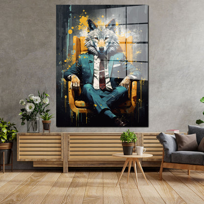 Wolf im Anzug Leder-Sessel Black Acrylglasbild Wandbild Bild Wanddeko XL