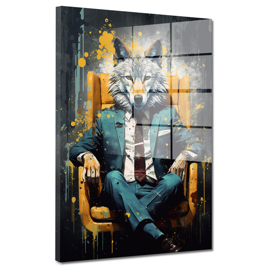 Wolf im Anzug Leder-Sessel Black Acrylglasbild Wandbild Bild Wanddeko XL