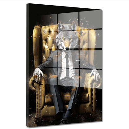 Wolf im Anzug Leder-Sessel Pop Art Acrylglasbild Wandbild Bild Wanddeko XL
