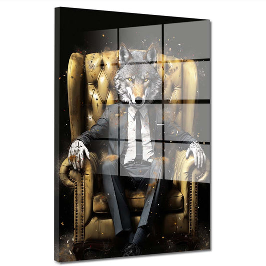 Wolf im Anzug Leder-Sessel Pop Art Acrylglasbild Wandbild Bild Wanddeko XL