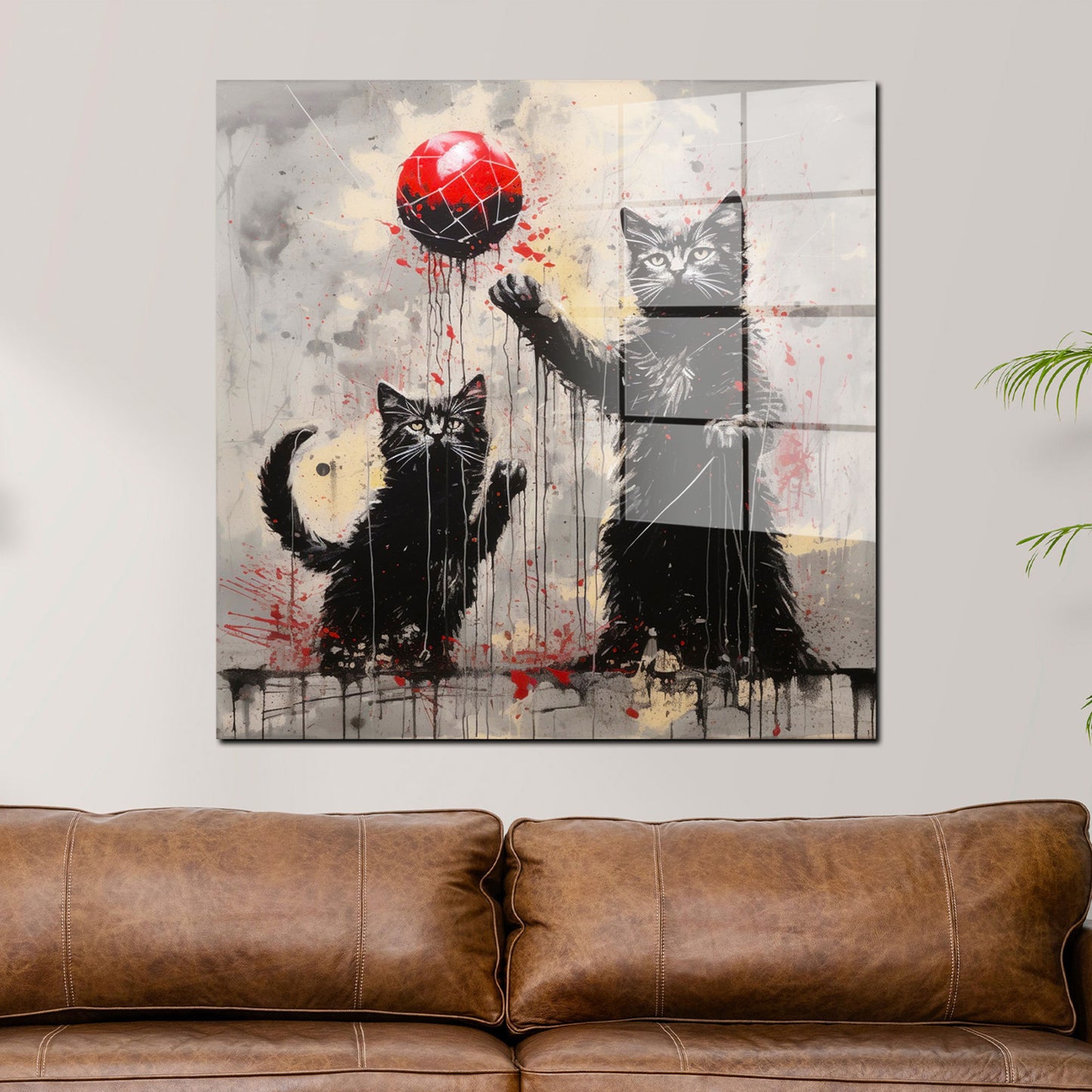 Zwei schwarze Katzen spielen mit Ball Acrylglasbild Wandbild Bild Wanddeko XL