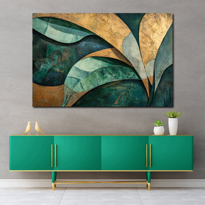 Abstrakt Blattstruktur Grün Gold Wandbild Leinwandbild Kunstdruck XL Wanddeko