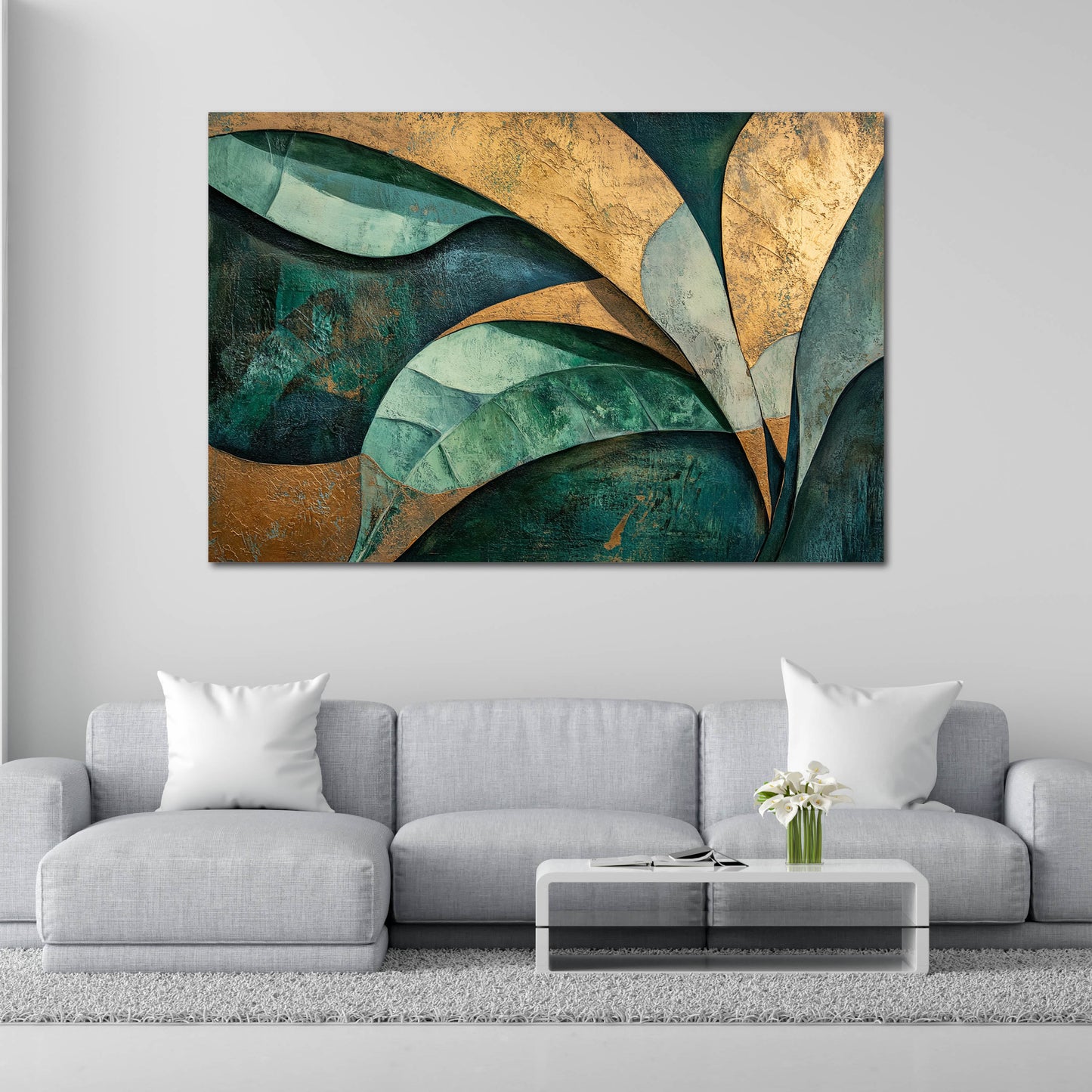 Abstrakt Blattstruktur Grün Gold Wandbild Leinwandbild Kunstdruck XL Wanddeko