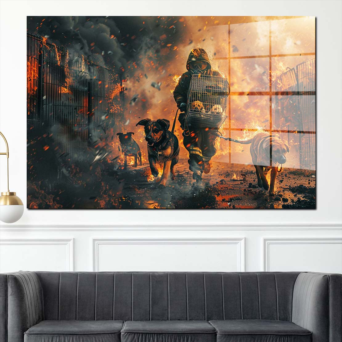 Abstrakt Feuerwehrmann im Einsatz Acrylglasbild Wandbild Wanddeko Wohnzimmer XL
