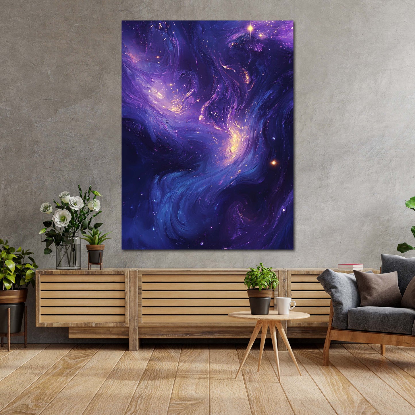 Abstrakt Galaxie Lila Blau Sterne Leinwandbild Wandbild Kunstdruck XL Wanddeko