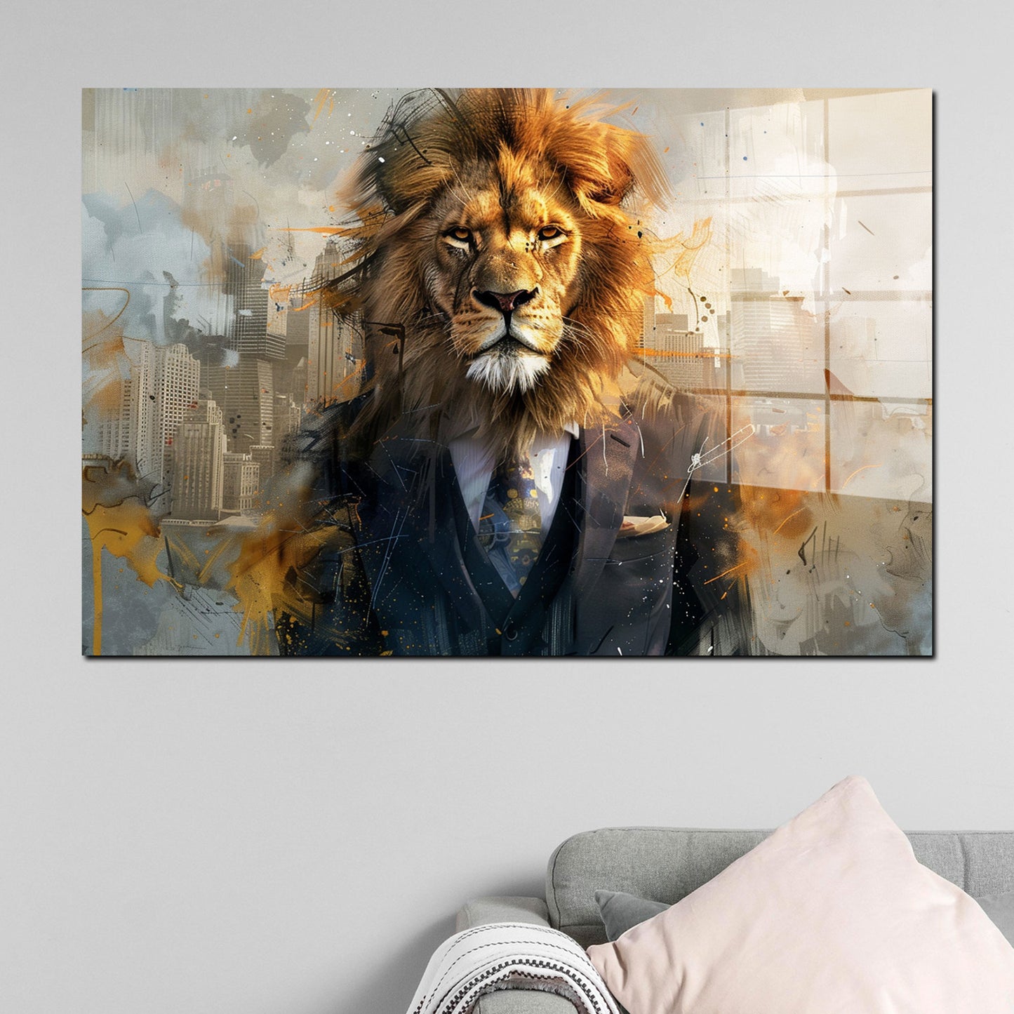 Abstrakt Löwe im Anzug Acrylglasbild Wandbild Bild Wanddeko Wohnzimmer XL