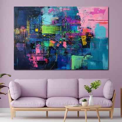 Abstrakt Neonfarben Blau Pink Wandbild Leinwandbild Kunstdruck XL Wanddeko