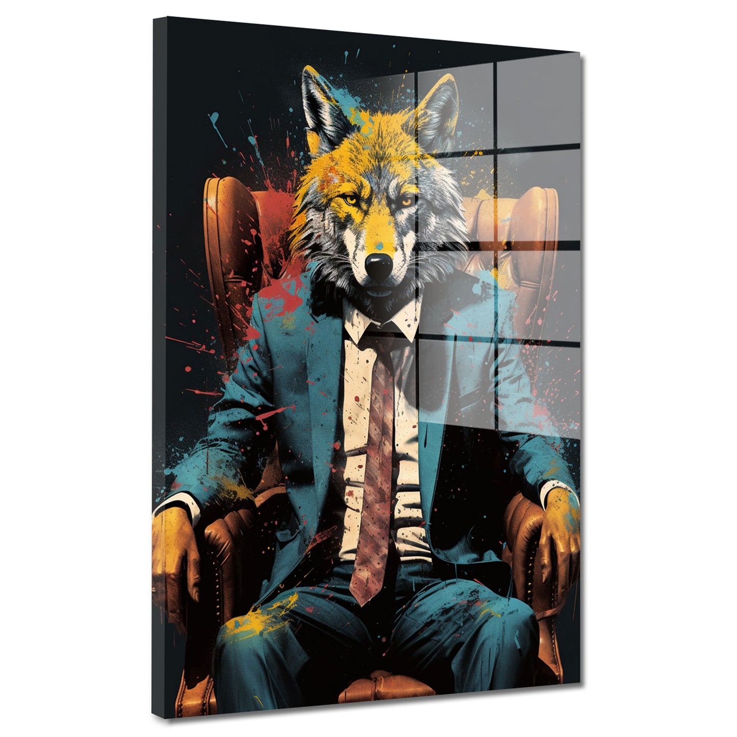 Abstrakt Wolf im Leder-Sessel Acrylglasbild Wandbild Wanddeko Wohnzimmer XL
