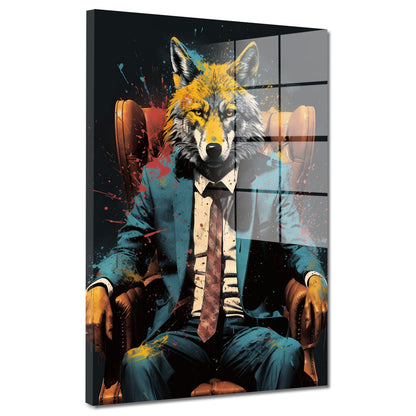 Abstrakt Wolf im Leder-Sessel Acrylglasbild Wandbild Wanddeko Wohnzimmer XL