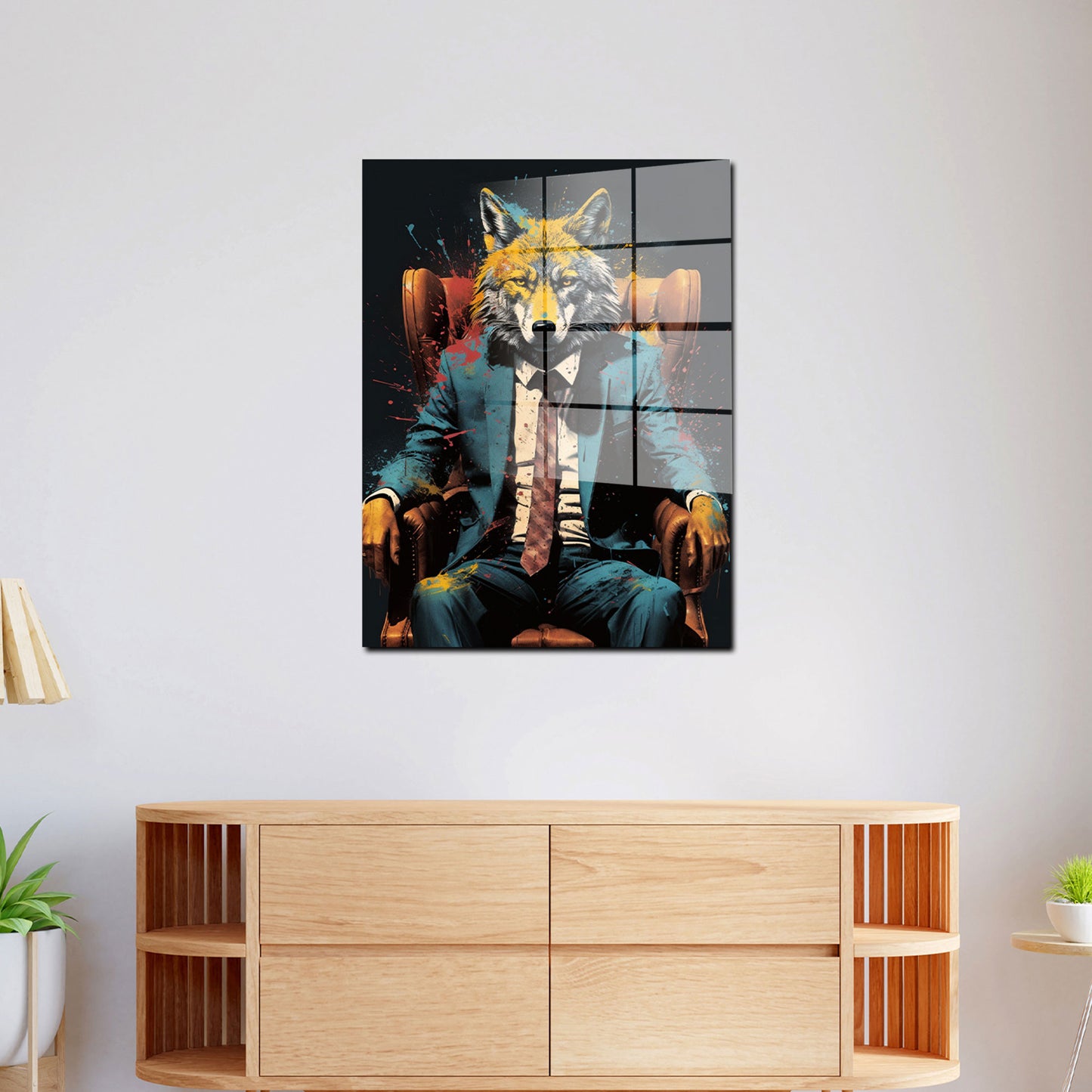 Abstrakt Wolf im Leder-Sessel Acrylglasbild Wandbild Wanddeko Wohnzimmer XL