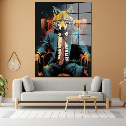 Abstrakt Wolf im Leder-Sessel Acrylglasbild Wandbild Wanddeko Wohnzimmer XL