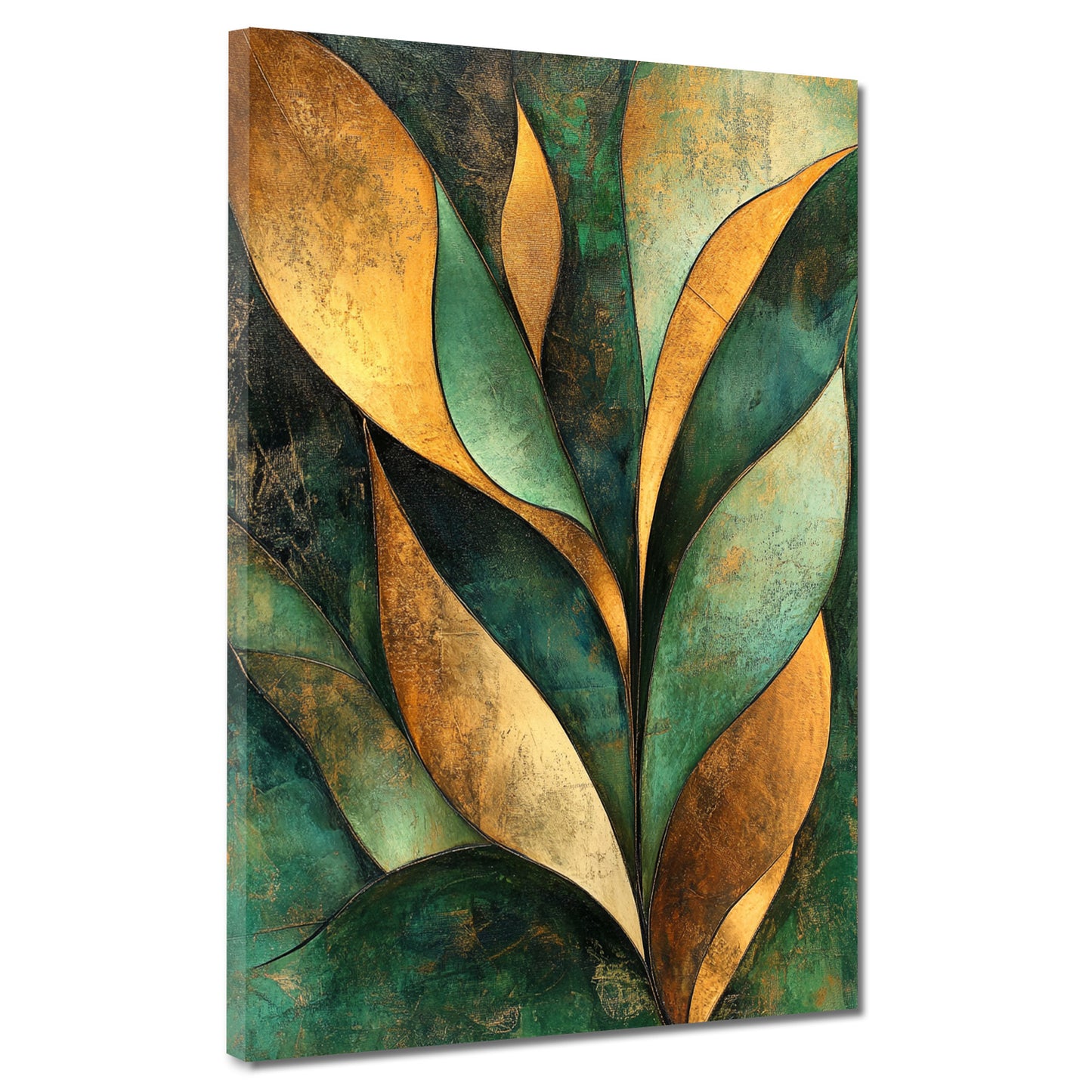 Abstrakt Blattformen Gold Grün Leinwandbild Wandbild Kunstdruck XL Wanddeko