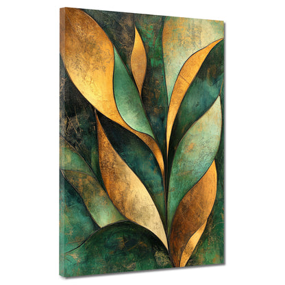 Abstrakt Blattformen Gold Grün Leinwandbild Wandbild Kunstdruck XL Wanddeko