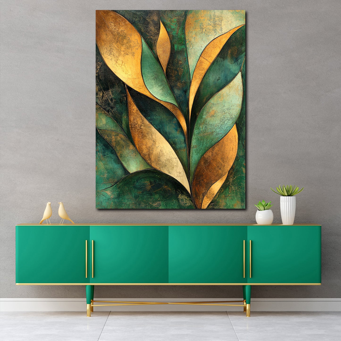 Abstrakt Blattformen Gold Grün Leinwandbild Wandbild Kunstdruck XL Wanddeko
