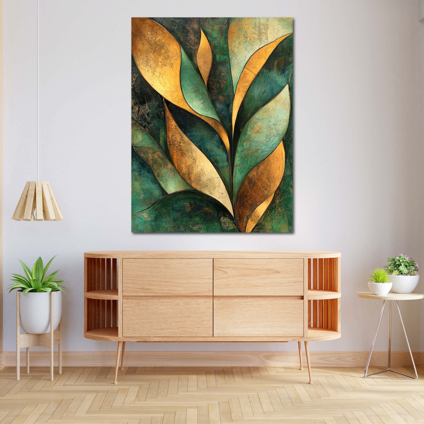 Abstrakt Blattformen Gold Grün Leinwandbild Wandbild Kunstdruck XL Wanddeko