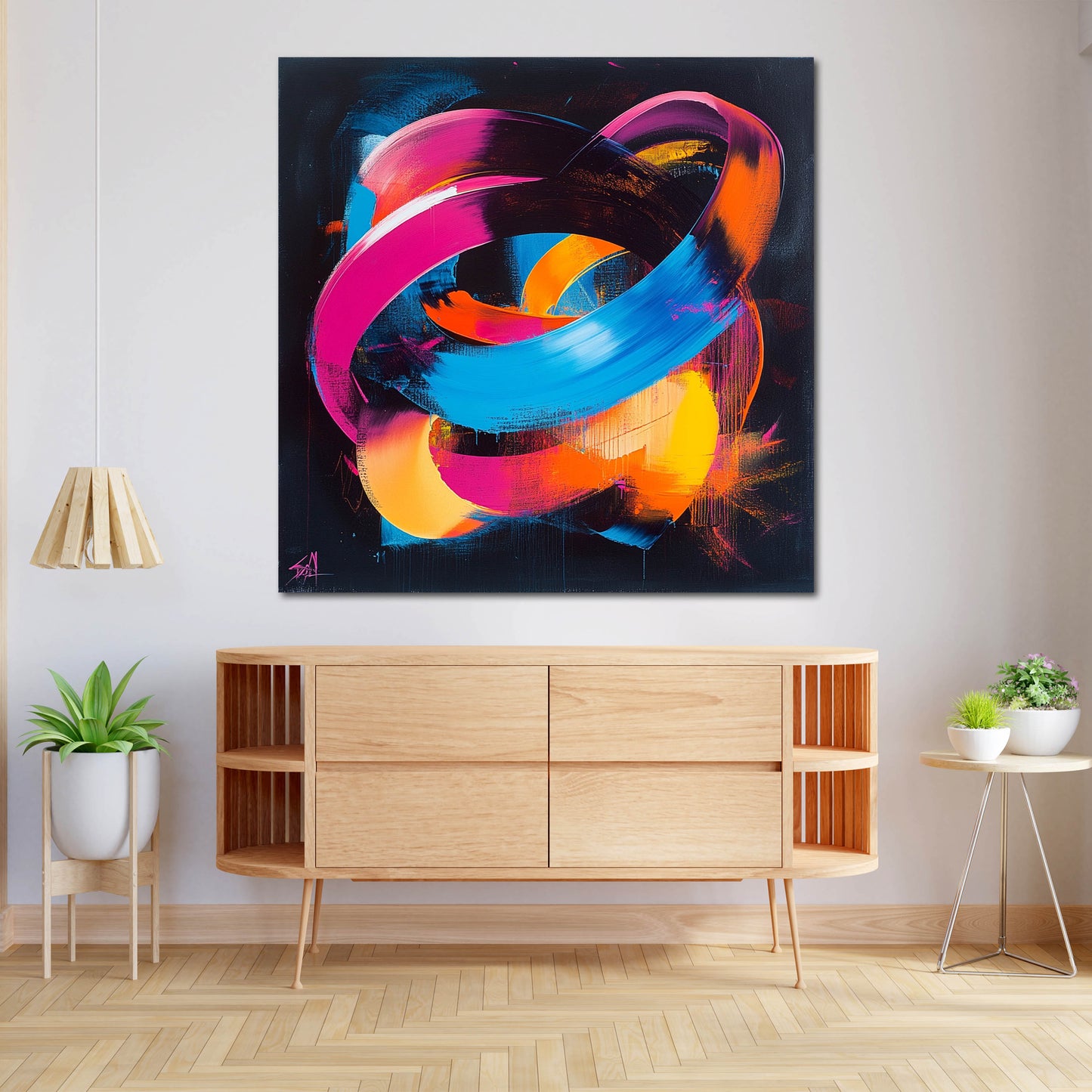 Abstrakt leuchtende Farbringe Leinwandbild Wandbild Kunstdruck XL Wanddeko