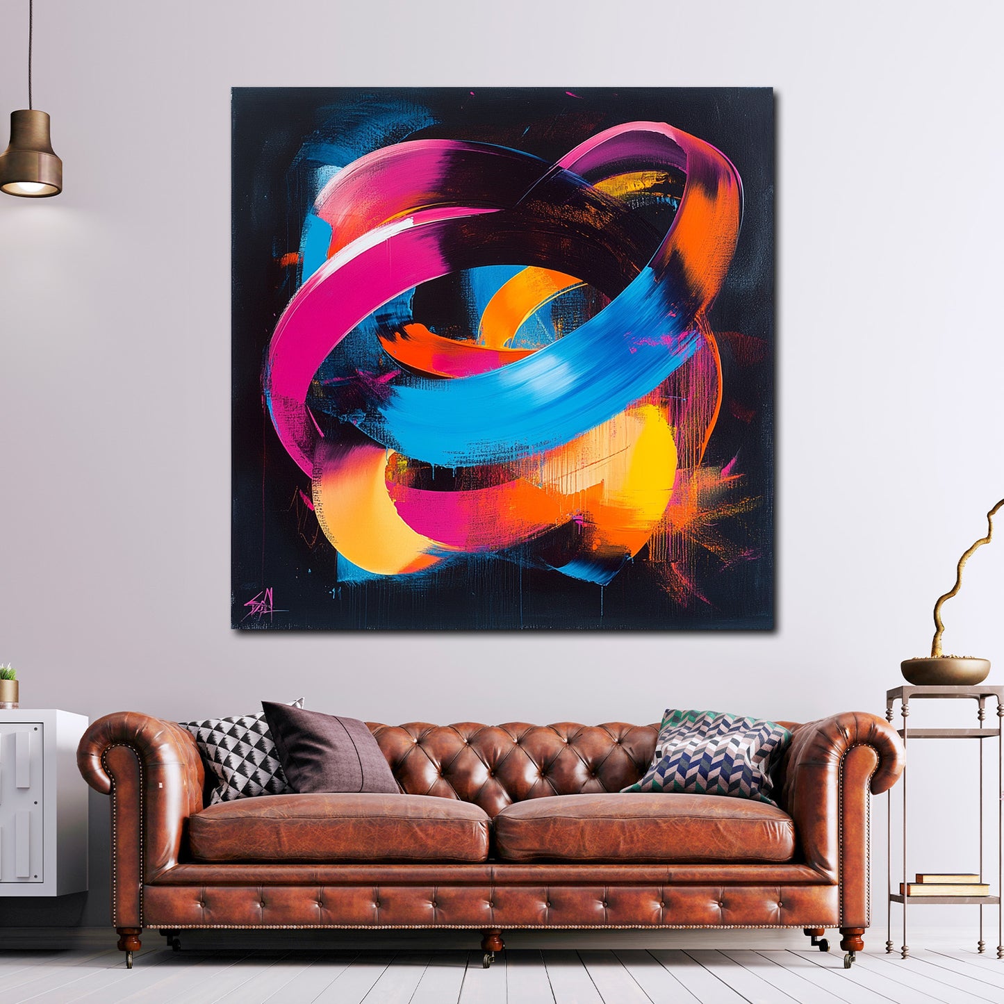 Abstrakt leuchtende Farbringe Leinwandbild Wandbild Kunstdruck XL Wanddeko