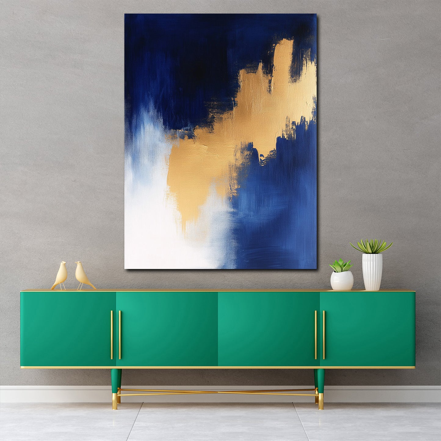Abstrakt Gold Blau Weiß Kontrast Leinwandbild Wandbild Kunstdruck XL Wanddeko
