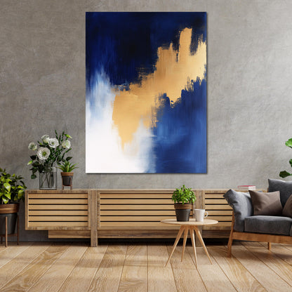 Abstrakt Gold Blau Weiß Kontrast Leinwandbild Wandbild Kunstdruck XL Wanddeko