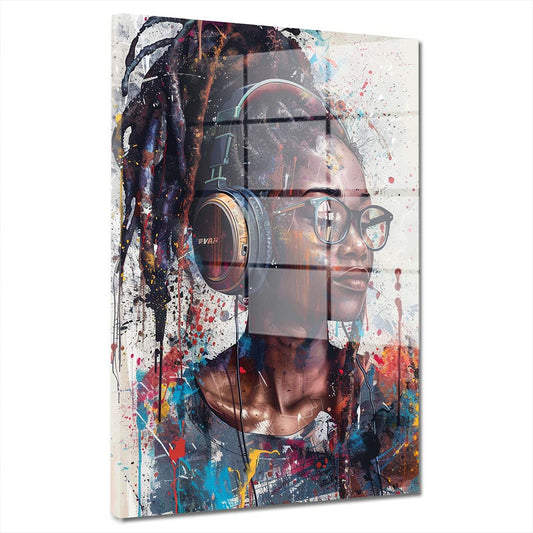 Afroamerikanische Frau Kopfhörer Acrylglasbild Wandbild Wanddeko Wohnzimmer XL