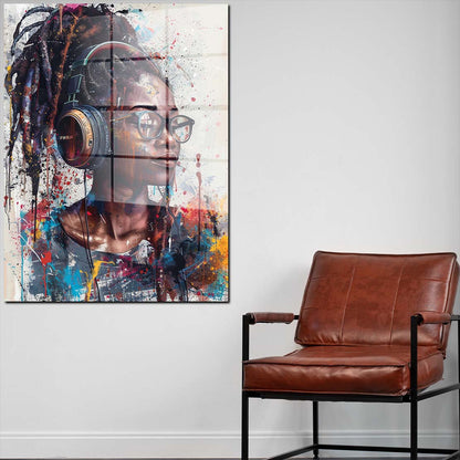 Afroamerikanische Frau Kopfhörer Acrylglasbild Wandbild Wanddeko Wohnzimmer XL