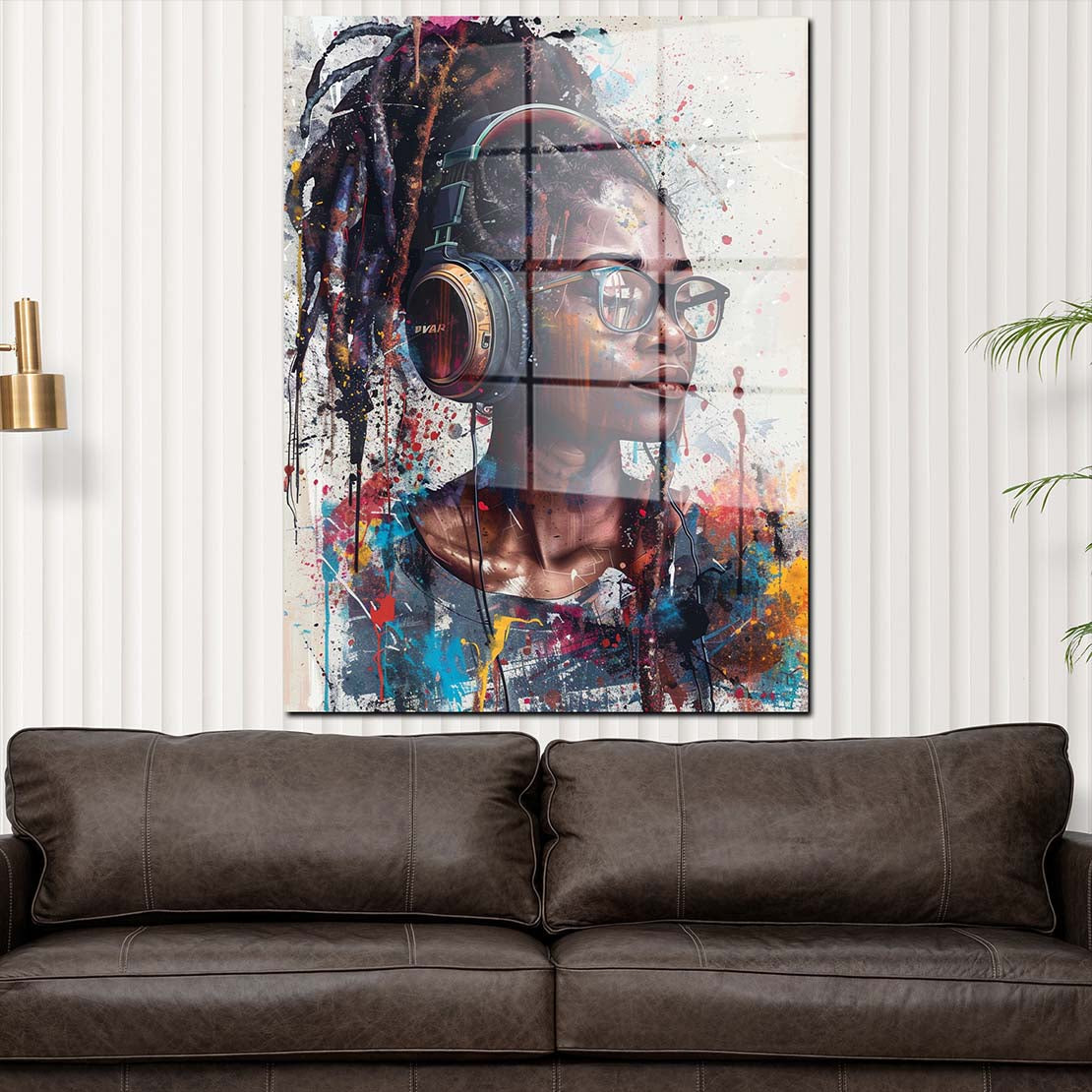 Afroamerikanische Frau Kopfhörer Acrylglasbild Wandbild Wanddeko Wohnzimmer XL