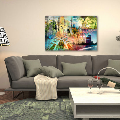 Barcelona Pop Art Architektur Wandbild Leinwandbild Kunstdruck XL Wanddeko