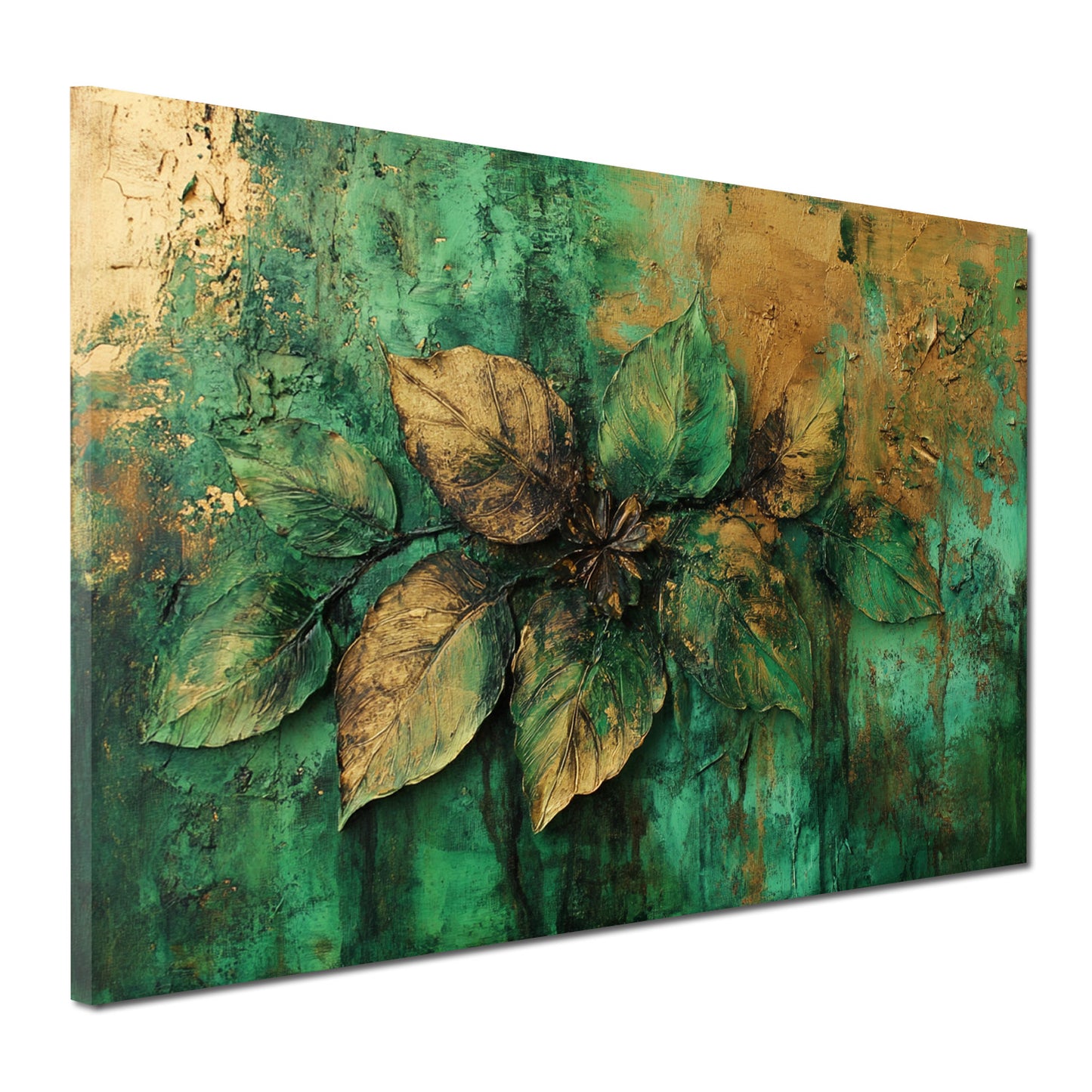 Blattstruktur Gold Grün Naturrelief Wandbild Leinwandbild Kunstdruck XL Wanddeko