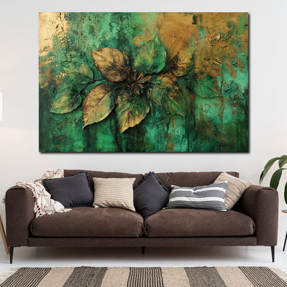 Blattstruktur Gold Grün Naturrelief Wandbild Leinwandbild Kunstdruck XL Wanddeko