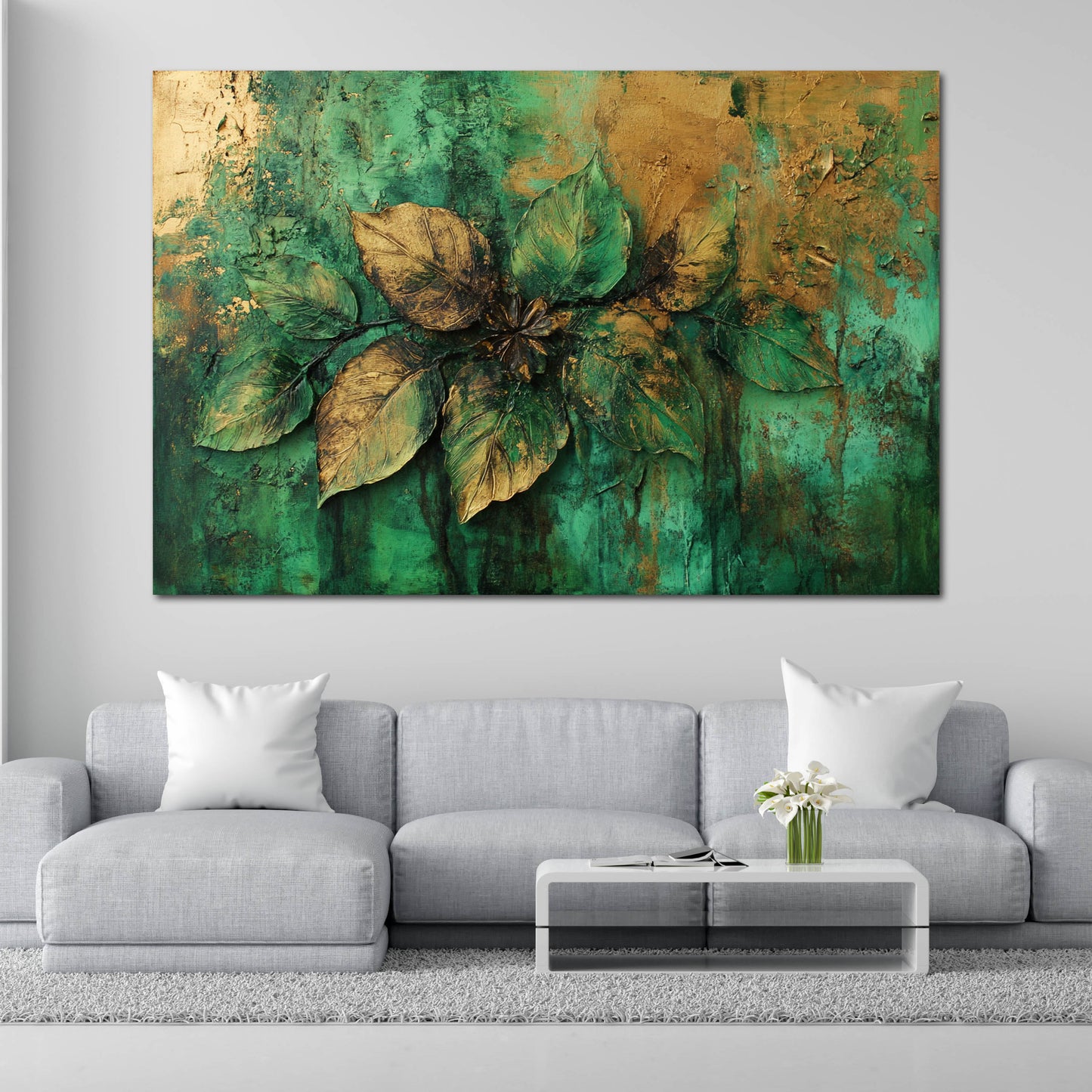 Blattstruktur Gold Grün Naturrelief Wandbild Leinwandbild Kunstdruck XL Wanddeko