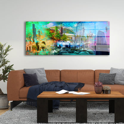 Chicago USA Pop Art Skyline Acrylglasbild Wandbild Bild Wanddeko Wohnzimmer XL