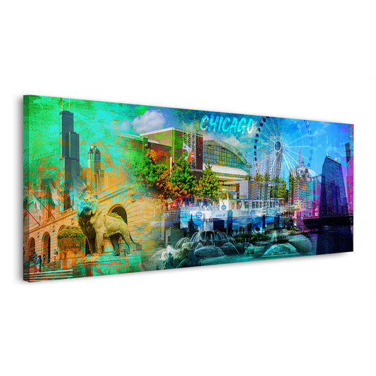 Chicago USA Pop Art Skyline Leinwandbild Wandbild Kunstdruck XL Wanddeko