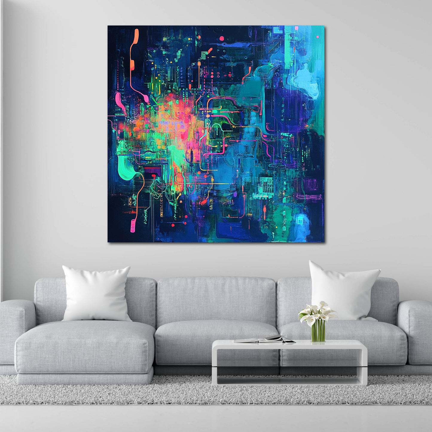 Abstrakt Cyberpunk Neon Farben Leinwandbild Wandbild Kunstdruck XL Wanddeko