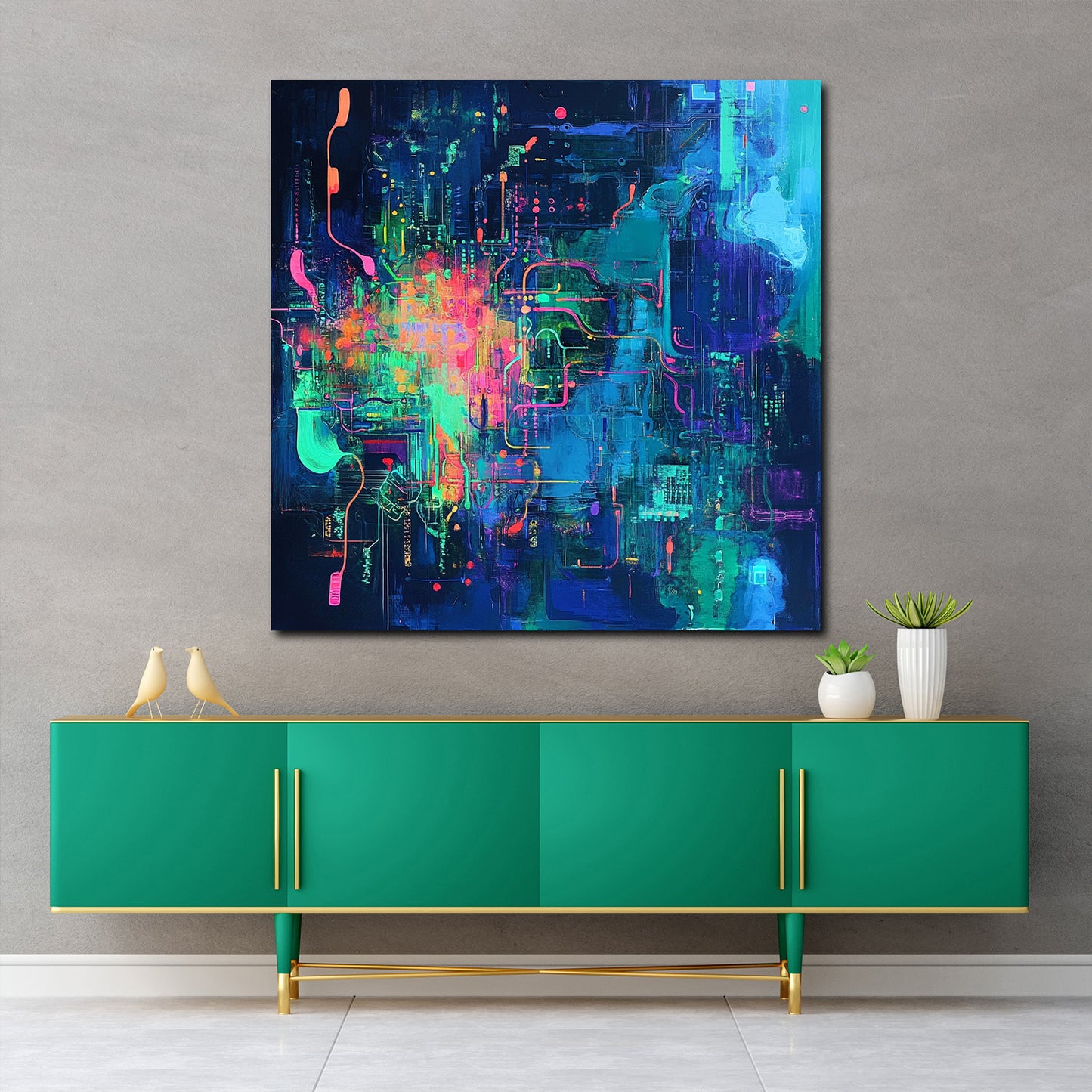 Abstrakt Cyberpunk Neon Farben Leinwandbild Wandbild Kunstdruck XL Wanddeko