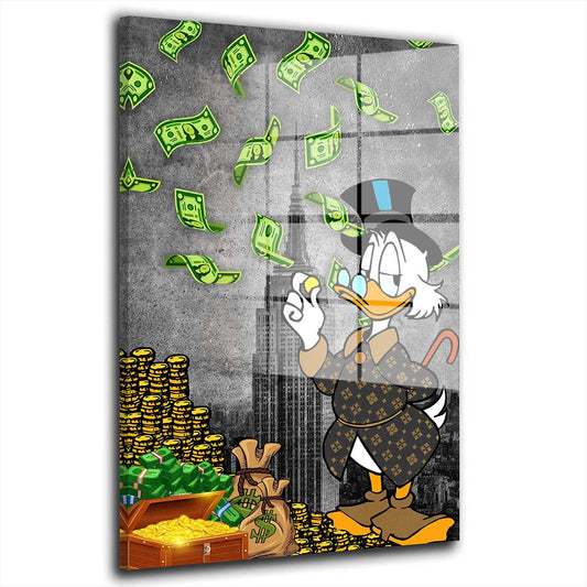 Duck Style Comic Money Rain Acrylglasbild Wandbild Bild Wanddeko Wohnzimmer XL