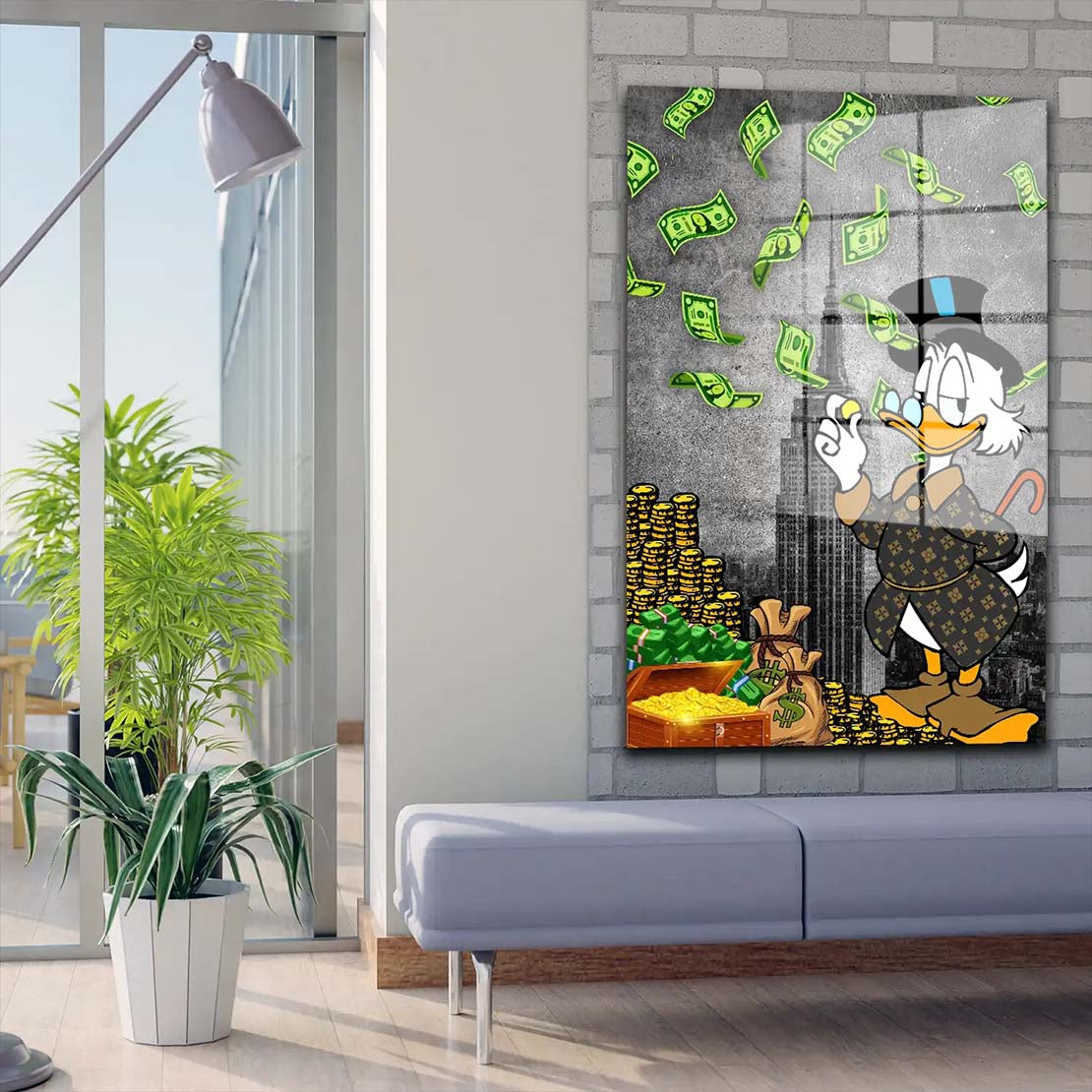 Duck Style Comic Money Rain Acrylglasbild Wandbild Bild Wanddeko Wohnzimmer XL