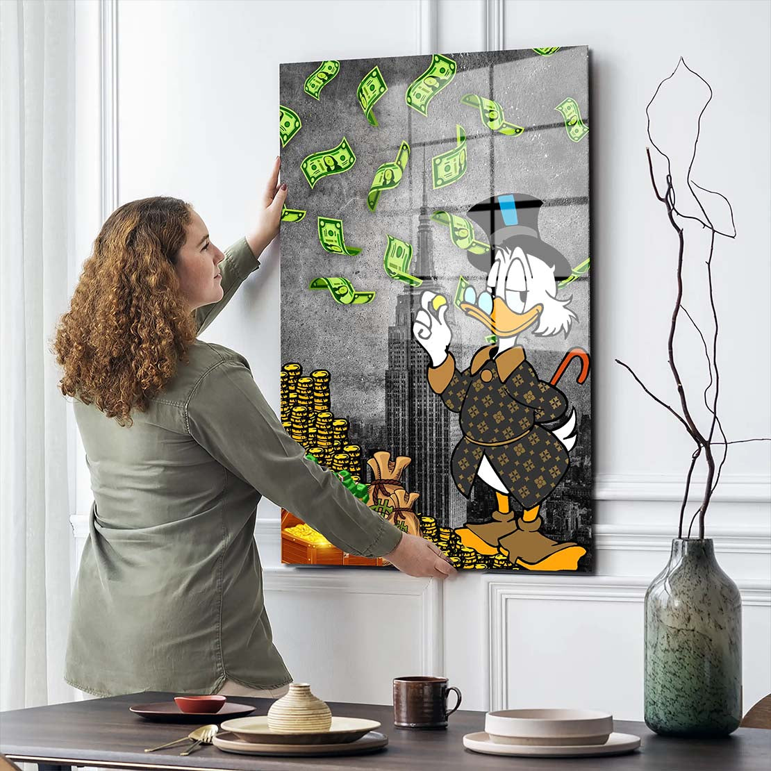 Duck Style Comic Money Rain Acrylglasbild Wandbild Bild Wanddeko Wohnzimmer XL