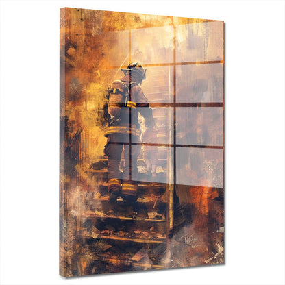 Feuerwehrmänner in brennendem Haus Acrylglasbild Wandbild Wohnzimmer XL