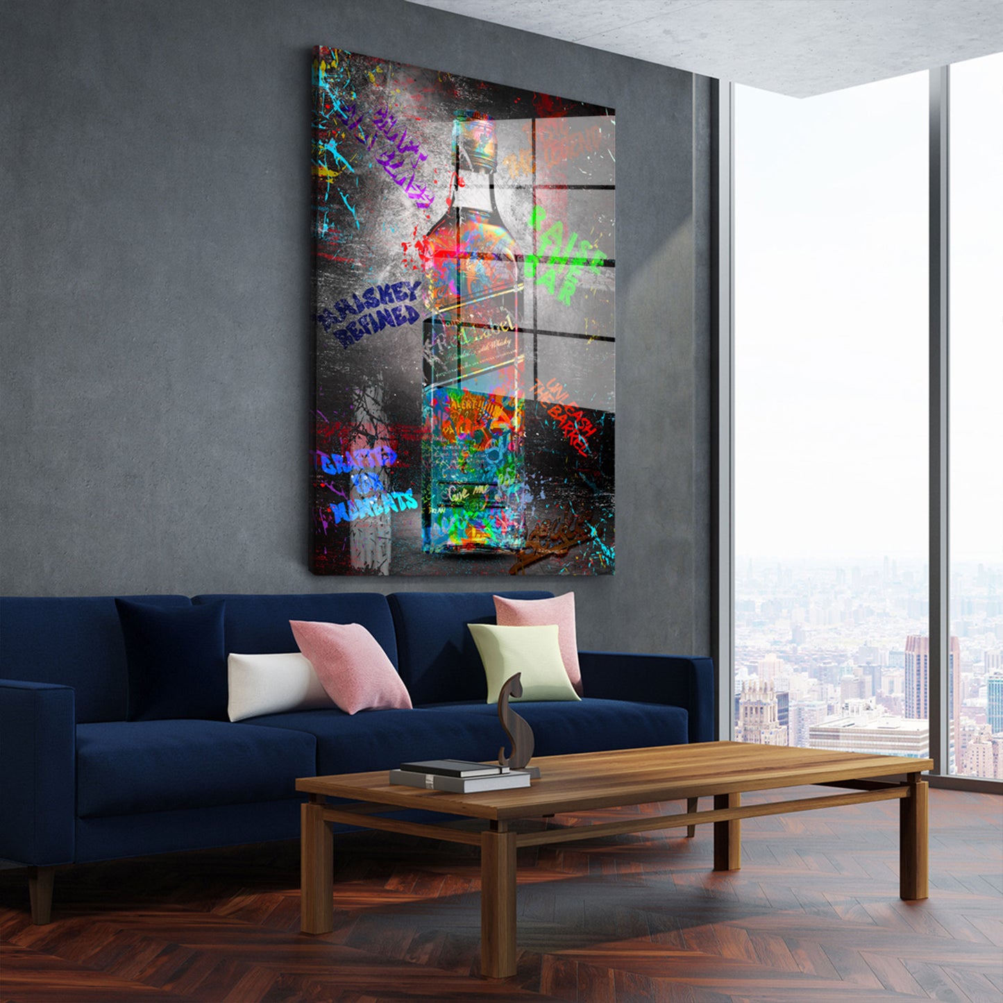 Flasche Whisky Graffiti Kunst Acrylglasbild Wandbild Bild Wanddeko Wohnzimmer XL
