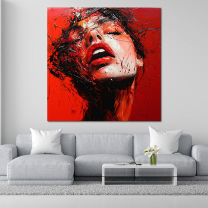 Abstrakt Frauengesicht rot Leinwandbild Wandbild Kunstdruck XL Wanddeko