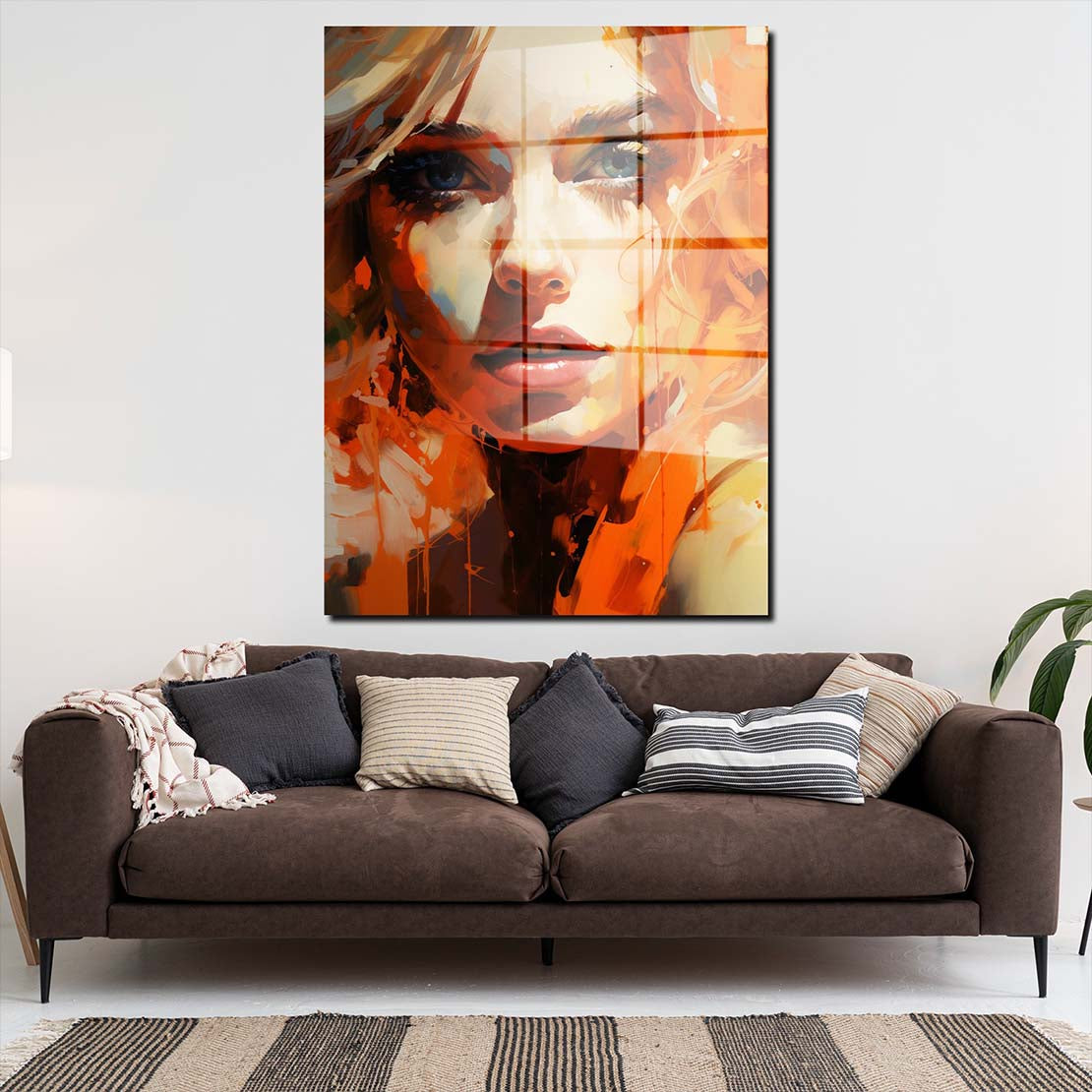 Frauengesicht Orange Style Acrylglasbild Wandbild Bild Wanddeko Wohnzimmer XL