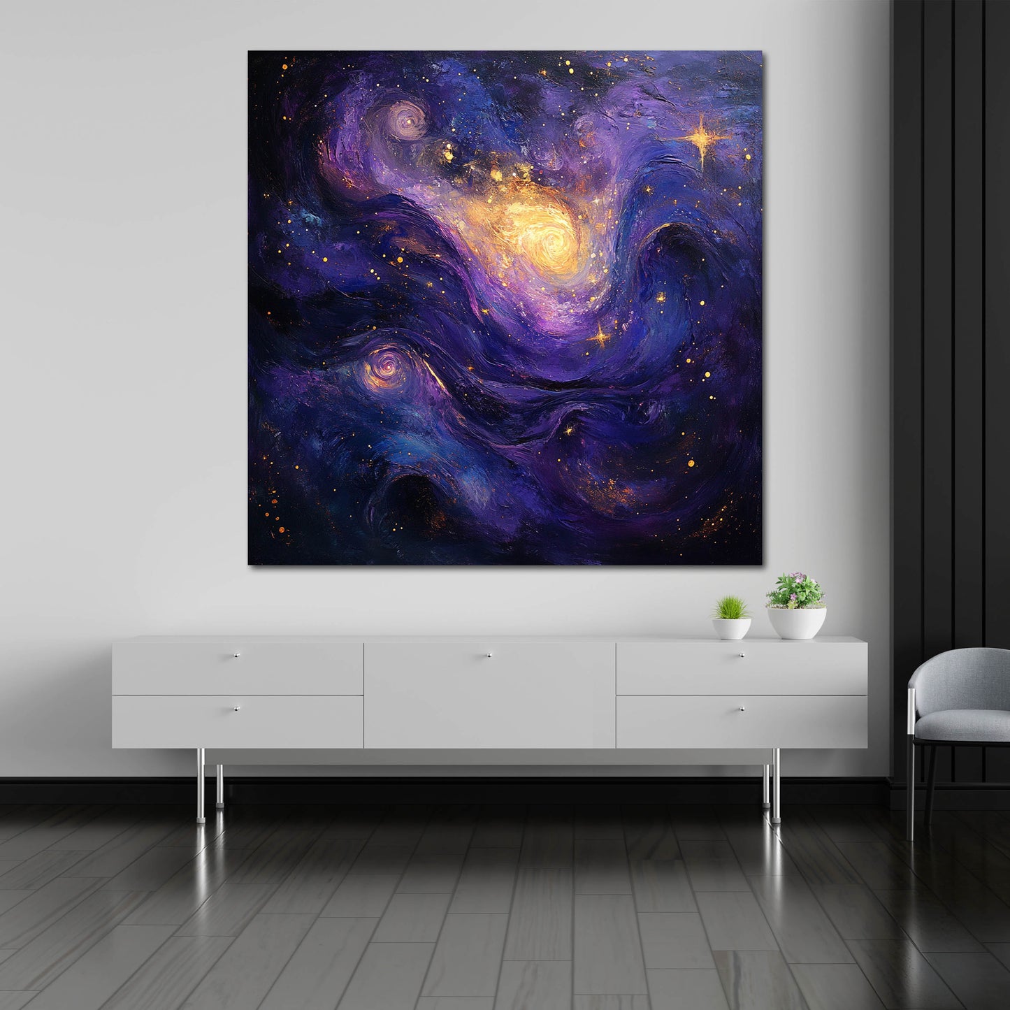 Galaxie Lila Gold Sterne abstrakt Leinwandbild Wandbild Kunstdruck XL Wanddeko