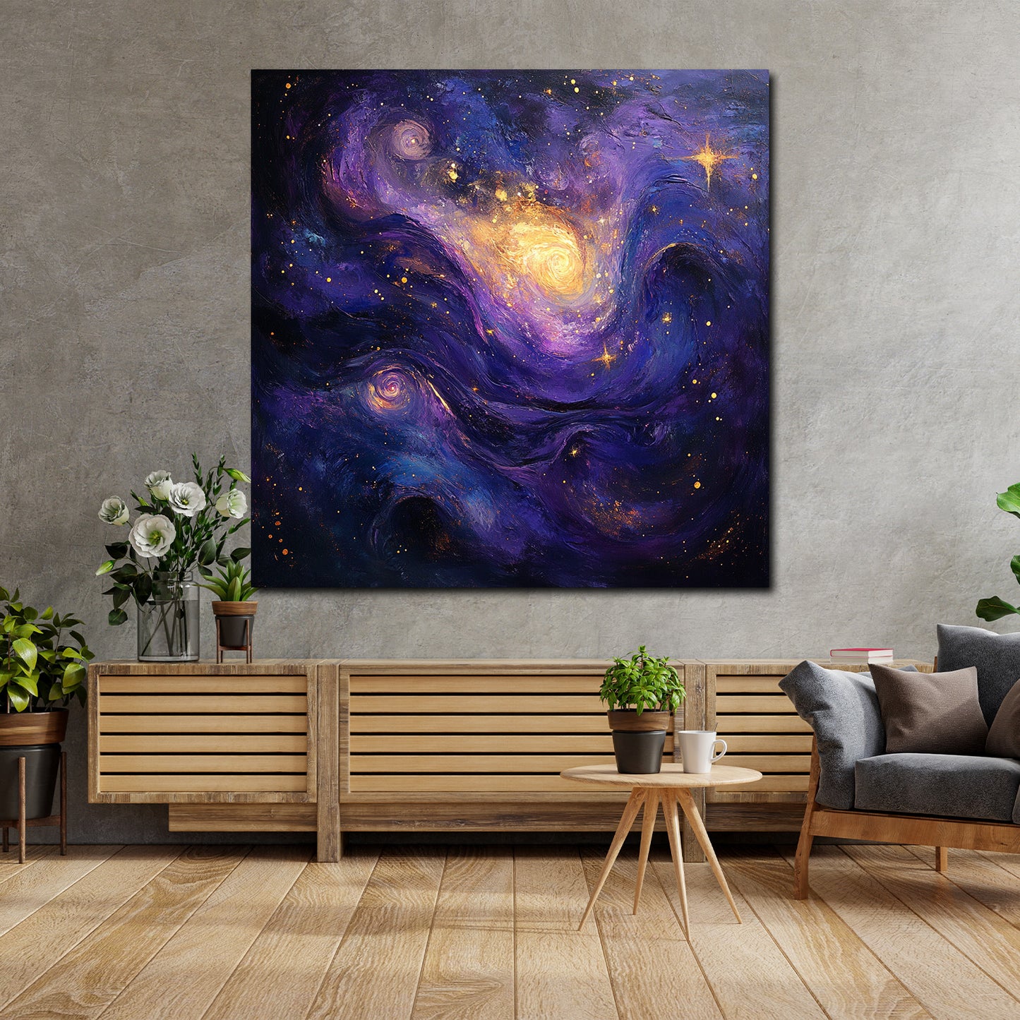 Galaxie Lila Gold Sterne abstrakt Leinwandbild Wandbild Kunstdruck XL Wanddeko