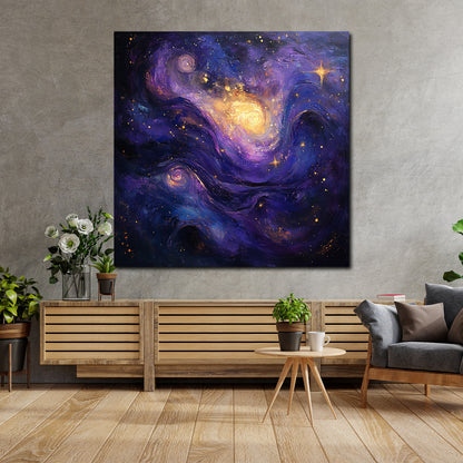 Galaxie Lila Gold Sterne abstrakt Leinwandbild Wandbild Kunstdruck XL Wanddeko