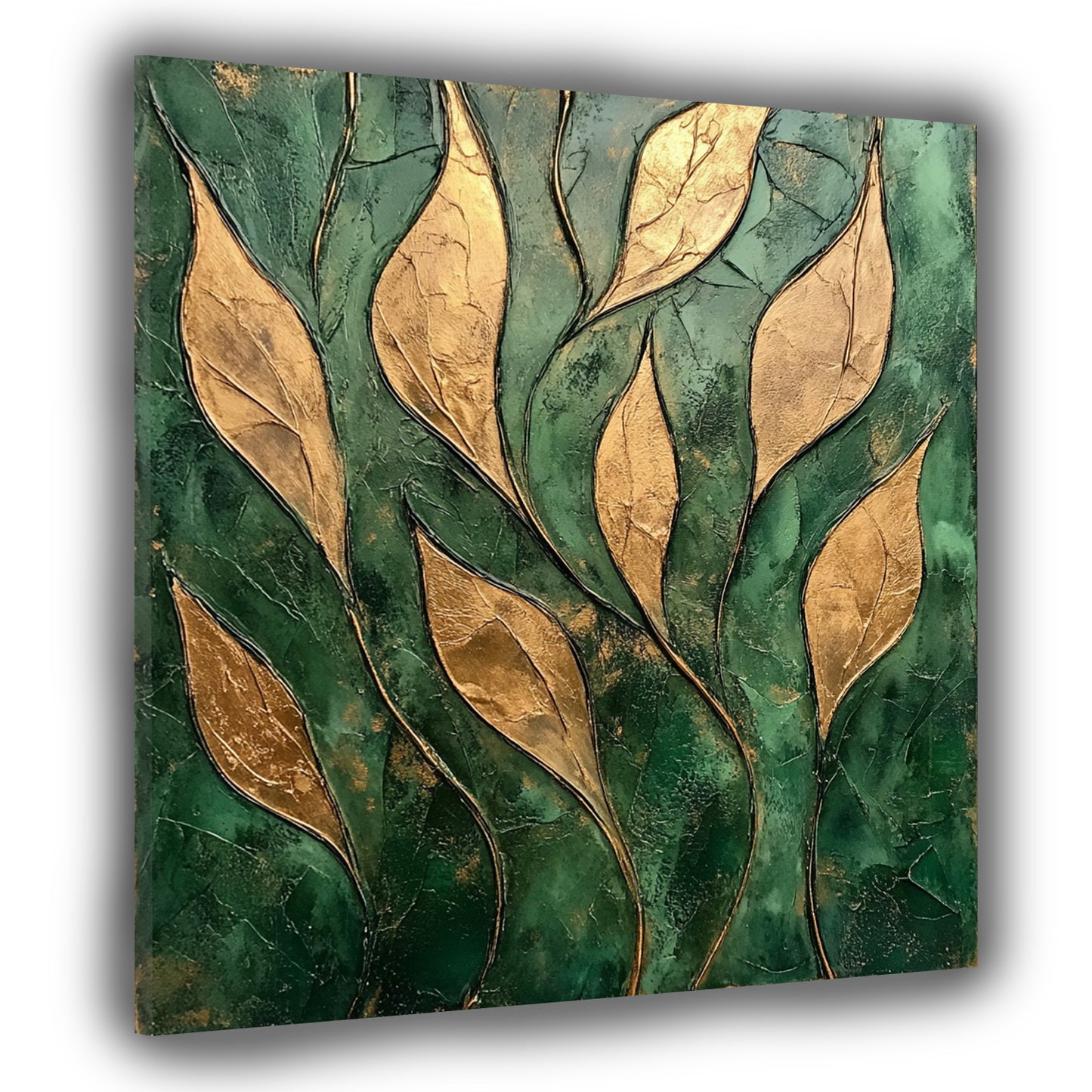Goldene Blätter Struktur Grün Leinwandbild Wandbild Kunstdruck XL Wanddeko
