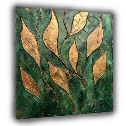 Goldene Blätter Struktur Grün Leinwandbild Wandbild Kunstdruck XL Wanddeko