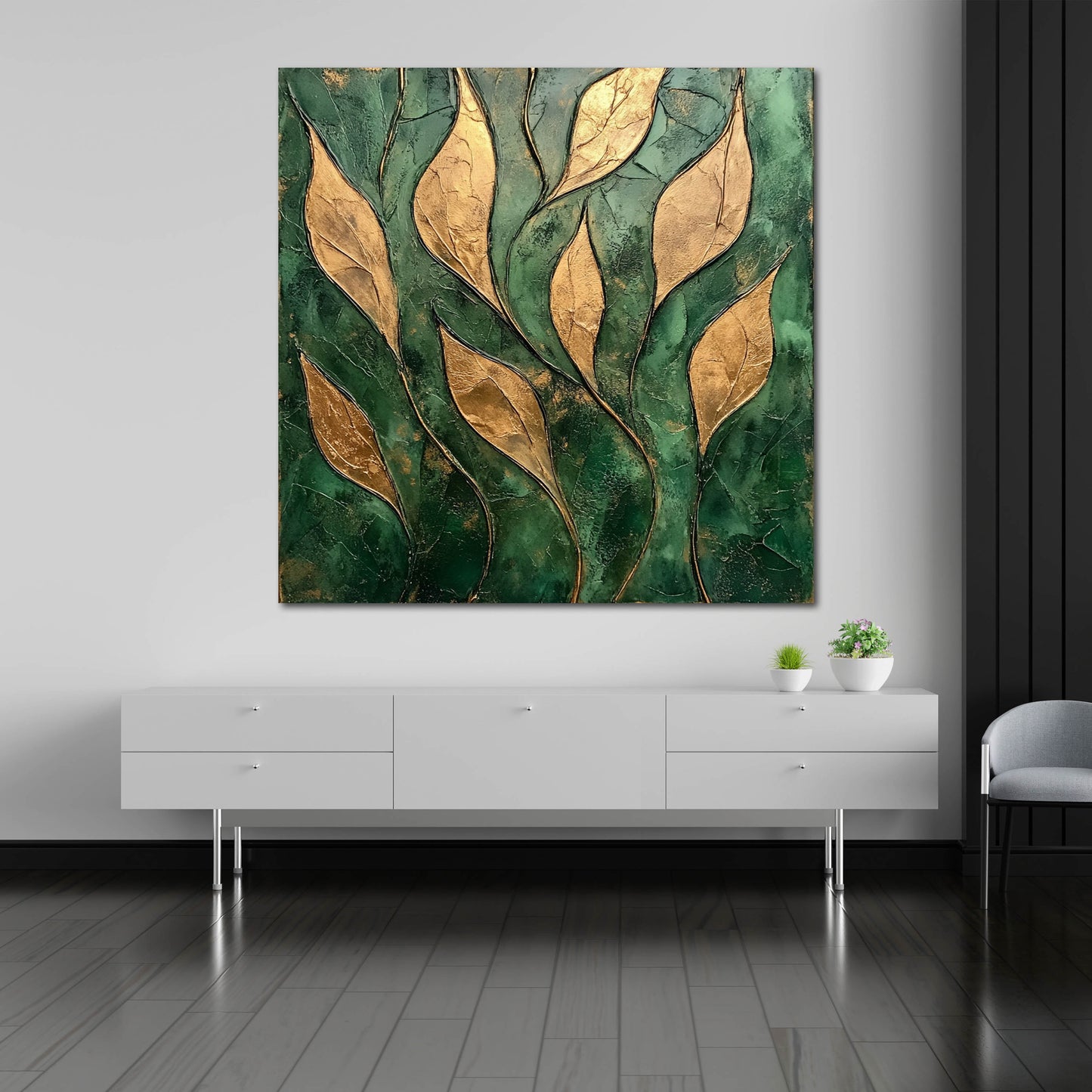 Goldene Blätter Struktur Grün Leinwandbild Wandbild Kunstdruck XL Wanddeko