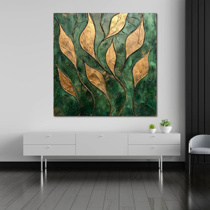 Goldene Blätter Struktur Grün Leinwandbild Wandbild Kunstdruck XL Wanddeko